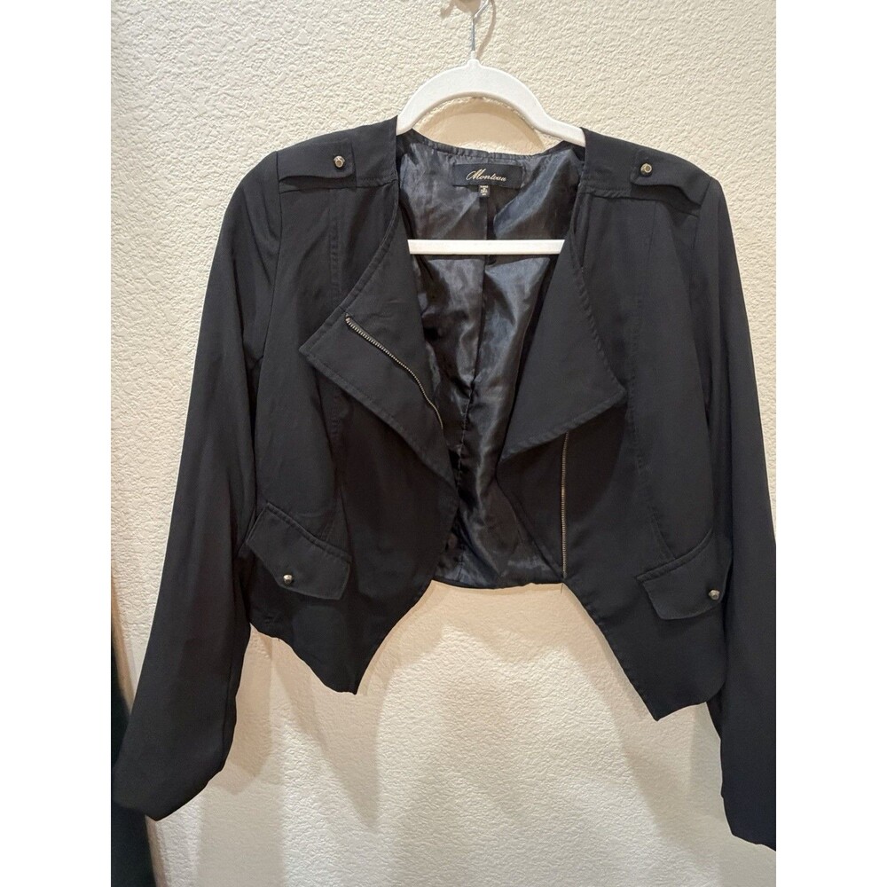 Monteau Black Cropped Moto Jacket Asymmetrical Zip Epaulets Size M